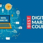 "An illustration of a laptop displaying 'DIGITAL MARKETING' surrounded by digital marketing icons, with the text 'BEST DIGITAL MARKETING COURSES' on the right."