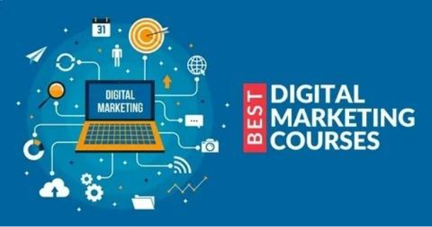 "An illustration of a laptop displaying 'DIGITAL MARKETING' surrounded by digital marketing icons, with the text 'BEST DIGITAL MARKETING COURSES' on the right."